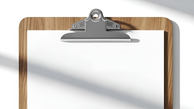 Wooden Clipboard Mockup with Blank White Paper for Text and Design, Isolated on White Background with Soft Shadow and Light Overlay - Ideal for Presentations and Branding