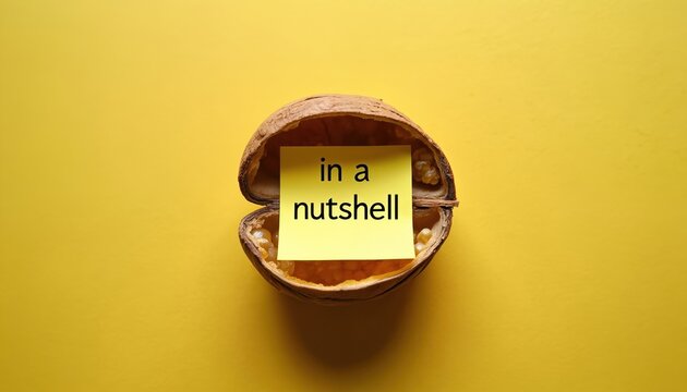Yellow sticky note with text in a nutshell inside an open walnut shell on a bright yellow background. Symbolizes concise explanations and core ideas.