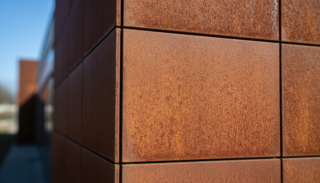 Corten steel facade panel texture with rusted orange weathered metal