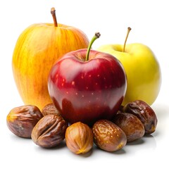 Vibrant fresh apples and dates arranged on a clean white background