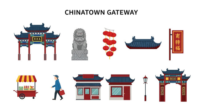 Flat illustrations of Chinatown gateway elements archways statue lanterns roof sign vendor person lamp