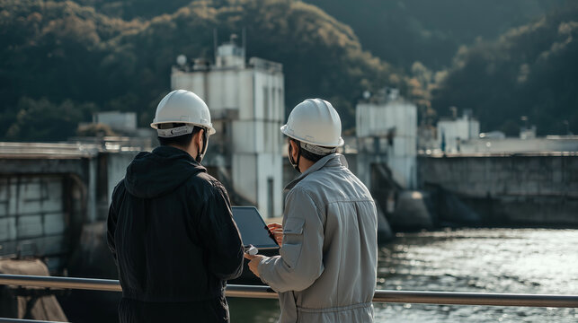 AI generator images of Engineers inspect critical infrastructure, the operation of hydroelectric dams, preventative maintenance, and safety monitoring of clean energy sources in the engineering indust