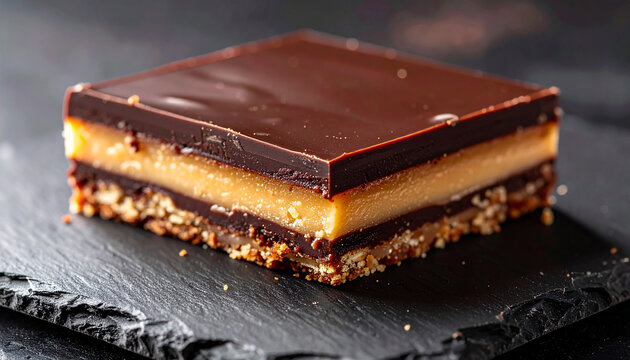 Nanaimo bar slice on dark stone plate, tasty dessert, appetizing sweet snack.