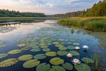 Serene pond adorned with blooming water lilies and lush green foliage during golden hour sunlight