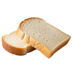 A loaf of white bread sliced into three pieces on a white surface with crusty edges and soft interior isolated on transparent background