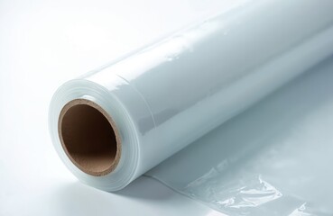 Roll of clear plastic film on white background. Material used for packaging, protection, and industrial wrapping. Transparent flexible sheet on cardboard tube.