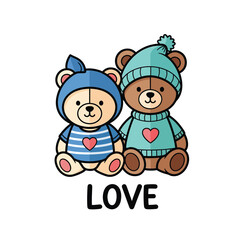 Cute cartoon bears sitting together wearing hats and sweaters with hearts, conveying love and friendship