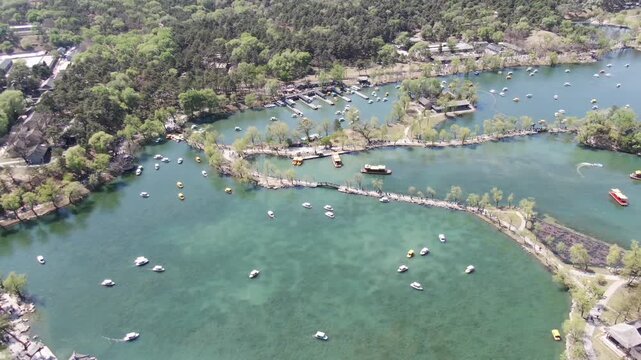 Chengde Mountain Resort Lake Aerial View with Boats and Turquoise Water