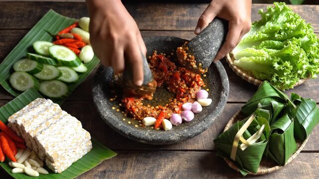 Preparing traditional Indonesian food with fresh ingredients on wooden table