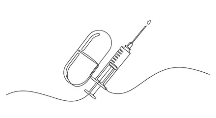 Obraz premium Outline of medical syringe and capsule - minimalistic healthcare illustration. no editable stroke