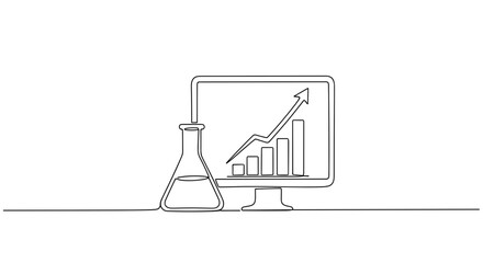 Fototapeta premium Line art of computer screen with graph and laboratory flask indicating growth. no editable stroke