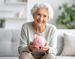 Ältere Dame sitzt zuhause auf dem Sofa mit einem Sparschwein