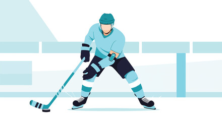 Fototapeta premium Dynamic flat vector illustration of an ice hockey player in full gear, actively skating on the rink with a stick, ready for competitive action and athletic performance.