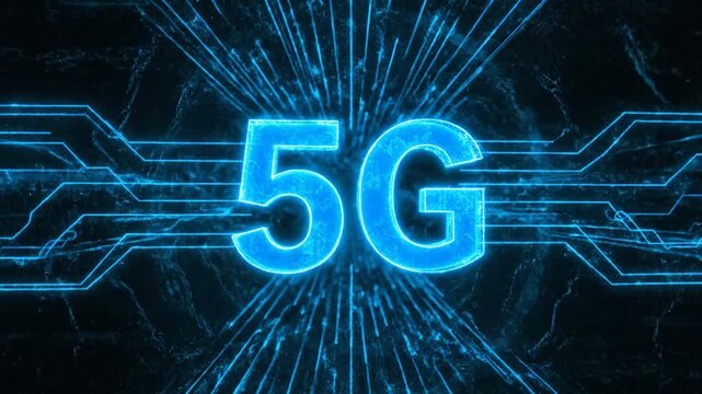 Neon 5G with circuit board lines and radiant blue glow, for technology or network concept, overlay effect or website banner