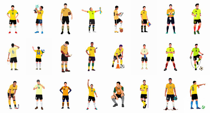 Flat vector illustration collection showcasing male football players, including athletes, coaches, and staff, demonstrating different actions, training, and celebrating victory.