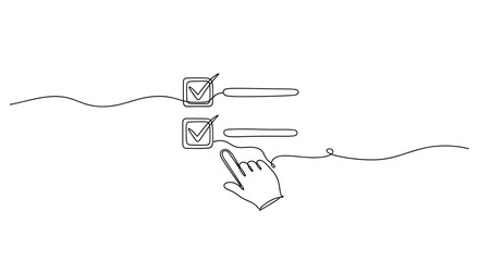 Minimalist hand drawing completing checklist with boxes and check marks. no editable stroke