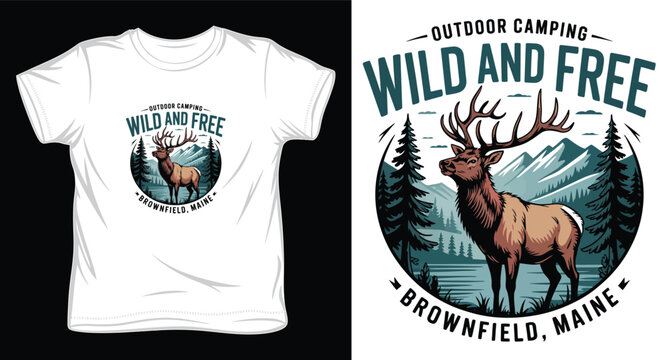 Majestic elk profile t-shirt design with outdoor camping theme and mountain landscape
