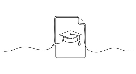 Obraz premium Minimalistic continuous line art of graduation cap on document. no editable stroke