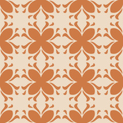 Fototapeta na wymiar Abstract vector geometric floral ornament. Simple seamless pattern with flower mosaic elements, leaves, foliage, grid. Background texture in old-fashioned retro style. Caramel and beige color design