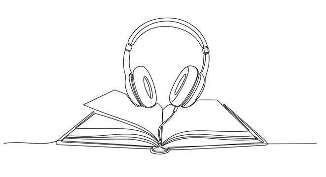 Continuous line art of headphones and open book symbolizing audiobooks and learning. no editable stroke