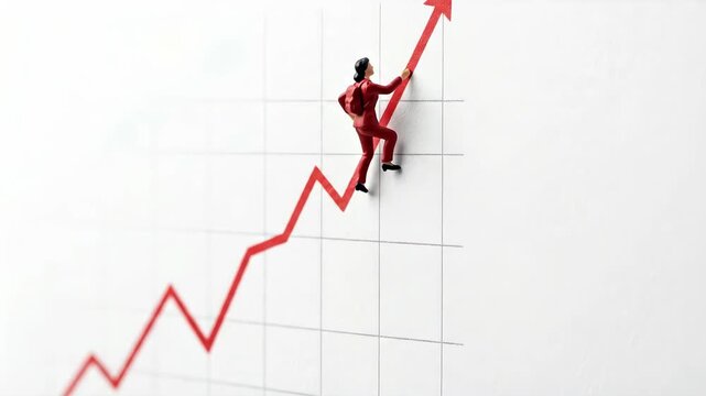 Woman climbing upwards on red arrow financial graph. Business chart showing growth, a concept of success and achievement.
