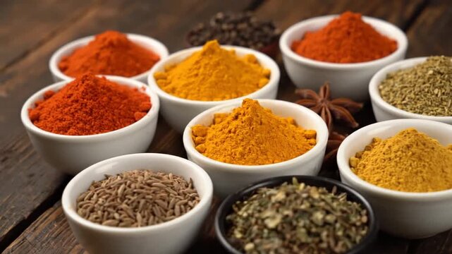Spices in white bowls on wooden table, turmeric, paprika, coriander, cumin, star anise, for food or recipe mockup