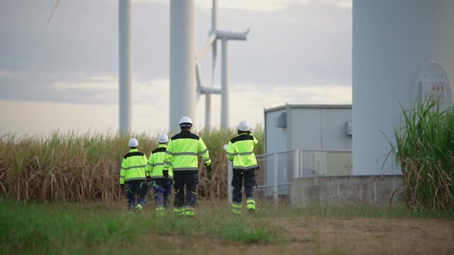 Engineers working on site in wind turbine farm, Wind turbines generate clean energy source, Eco technology for electric, industry environment, sustainable technology wind power maintenance.