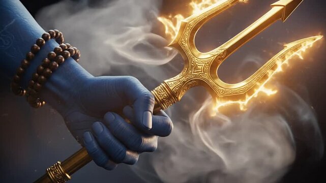Blue Hand Holding Golden Trident in Dark Background