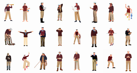 Obraz premium Diverse sailors and mariners vector set: men in striped shirts performing various nautical activities.