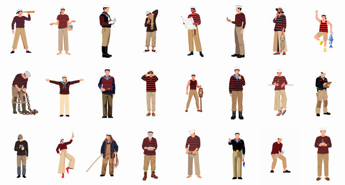 Diverse sailors and mariners vector set: men in striped shirts performing various nautical activities.