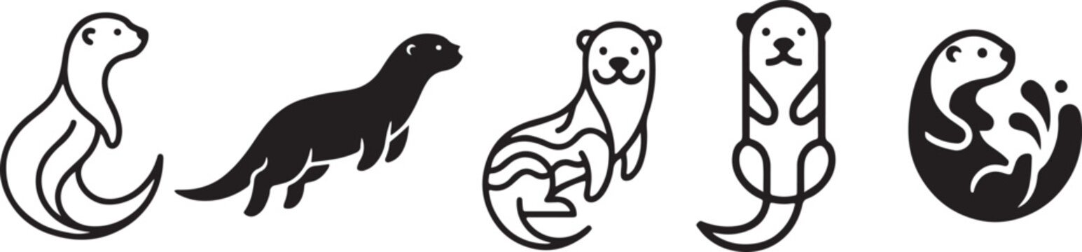 A collection of black and white line art and silhouette icons representing various poses of otters Vector