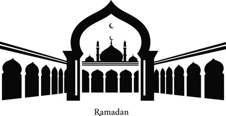 Ramadan mosque silhouette with arched entrance and multiple minarets and domes on transparent background © Emongrapic