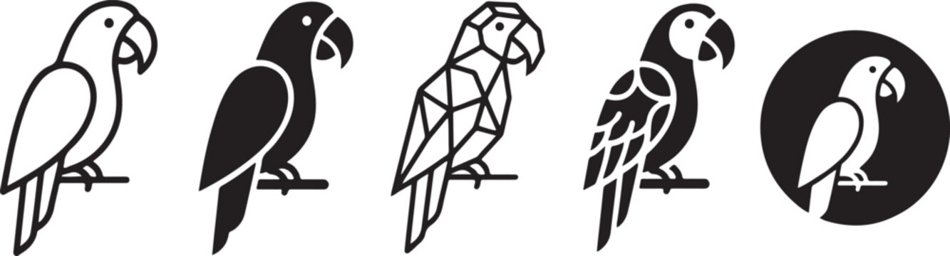 A set of five different black and white parrot icons showing variations in design style from outline to silhouette. Vector