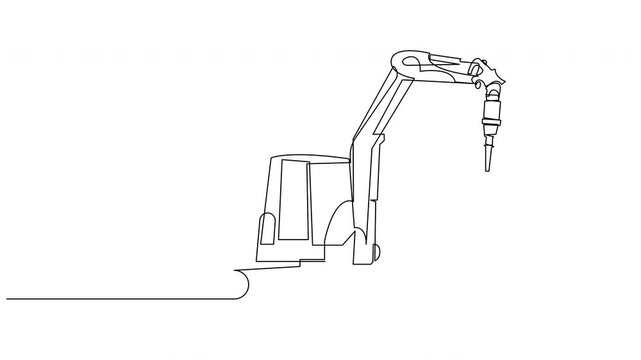 Self drawing continuous line animation of a mini excavator with jackhammer attachment. Minimal linear motion graphic with transparent background, concept of construction, demolition and industrial mac