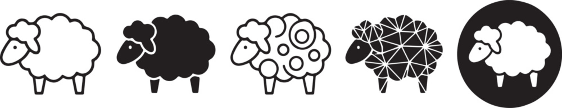 A set of five minimalist sheep icons in different styles, including outline, solid, and silhouette variations Vector