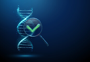 3d DNA strand under magnifying glass with green check mark. Verified genetic analysis, accurate sequencing, successful testing, quality control, reliable genetic data concept.