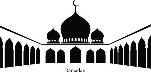 Silhouette of mosque complex with domes and arches, Ramadan Kareem text below, for Islamic architecture © Emongrapic