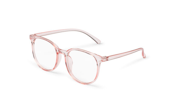 Stylish pink transparent round eyeglasses isolated on white background