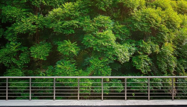 empty metal balustrade for product composition against vibrant green bush nature concept for wallpaper social media post or website