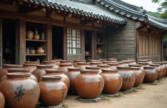 Clay pots for Korean fermentation sit outside traditional wooden house. These onggi jars are used for kimchi, gochujang, and soy sauce. Old Korean village setting.