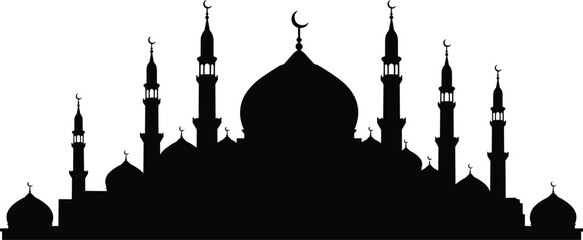 Mosque skyline silhouette with multiple minarets and domes for islamic religious holiday celebration vector background © Emongrapic