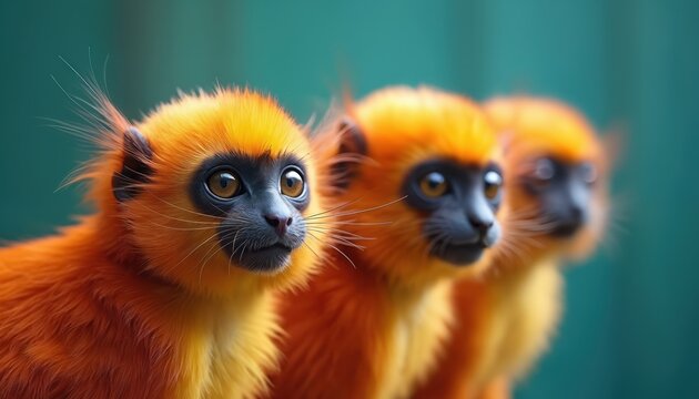 Golden lion tamarins group closeup. Three bright orange primates with dark faces look curiously to the side. Their vibrant fur stands out against a soft blue background.