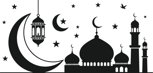 Islamic mosque complex with moon, stars, lantern and birds, Ramadan and Eid greetings banner © Emongrapic