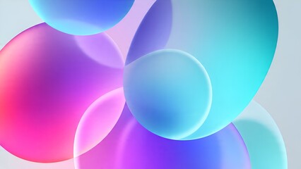 Abstract composition of translucent, colorful, overlapping spheres and bubbles in vibrant purple, pink, and blue hues against a soft background.