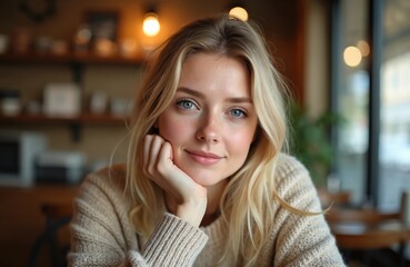 Obraz premium Blonde woman with blue eyes rests chin on hand in cozy cafe. Smiling lady wears knitted sweater, soft indoor lighting creates warm atmosphere. Casual portrait shows relaxed mood.