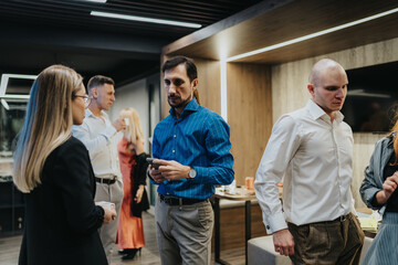 Naklejka premium A diverse group of coworkers mingle in a contemporary office setting, some holding cups and chatting. The scene shows a casual networking moment with people in smart casual attire.