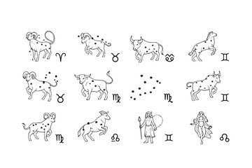 Obraz premium Zodiac constellations. Astrology symbols. Hand drawn twelve horoscope signs. Star constellation and star maps, night sky. Mythical celestial navigation design. Vector set.