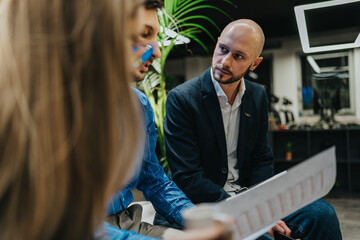 A bald man in a dark blazer discusses a document with colleagues in a contemporary office. They sit together, review papers, and share ideas in a professional, collaborative setting.