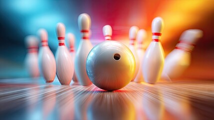 Spherical projectile rapidly approaches a line of standing pins on a shiny lane