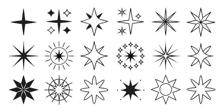 a minimalist digital illustration featuring a collection of 18 unique star and sparkle icons. The icons are arranged in a 3x6 grid on a plain white background.